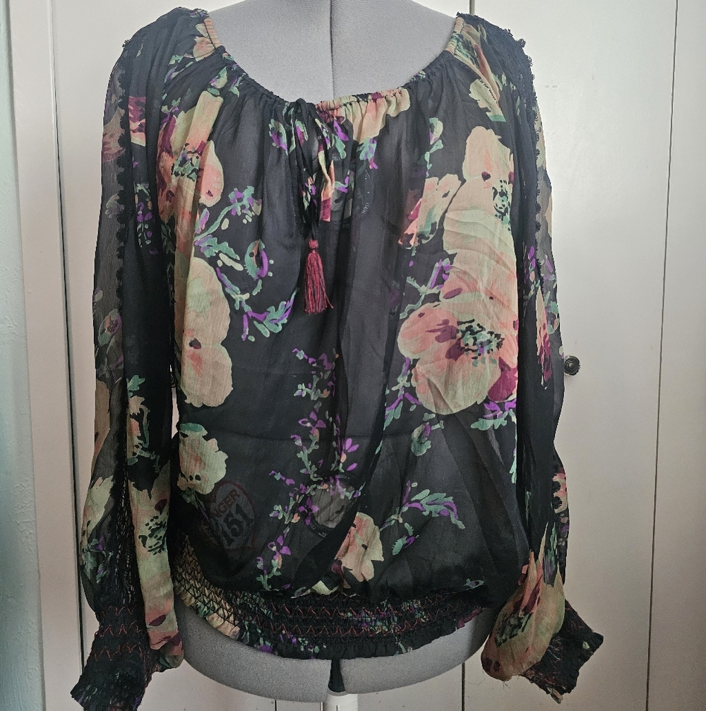XL Black Floral Flowy Sheer Long Sleeve blouse Denim & Supply Ralph Lauren Boho